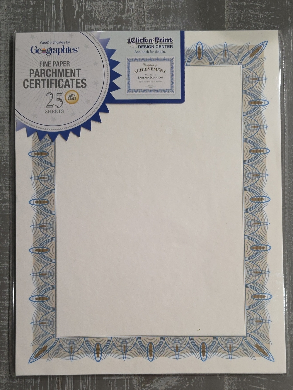 Geographics Fine Paper Parchment Award Certificates with Blue Borders, 25 Pack